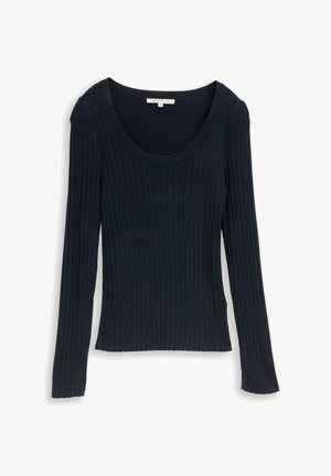 Pikad varrukad, tumesinise soonikkoes pluus valge taustal, ümara kaelusega ja liibuv siluett, suurus large, tasapinnal esitletud.