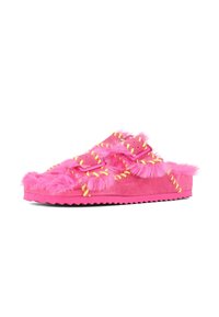 Fuzzy pink slide slippers with yellow stitching, featuring two adjustable straps and a soft texture on a lightweight sole.