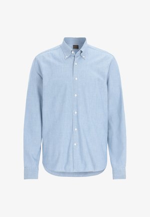 Hellblaues Langarm-Hemd aus weicher Stoffqualität, mit klassischem Kragen, Knopfleiste auf der Vorderseite und abgerundetem Saum.