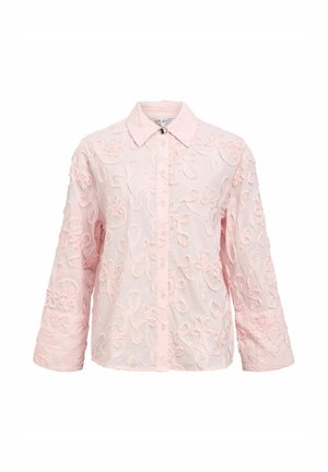 Hele roosa pikkade varrukatega pluus lillemustriliste tikanditega, terava krae ja ees nööpidega sulgemisega.