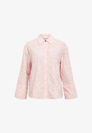 Hele roosa pikkade varrukatega pluus lillemustriliste tikanditega, terava krae ja ees nööpidega sulgemisega.