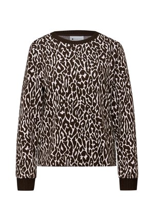 Langærmet sweater med rund hals i mørkebrun og hvid leopardprint, ribstrikkede manchetter og halsudskæring.