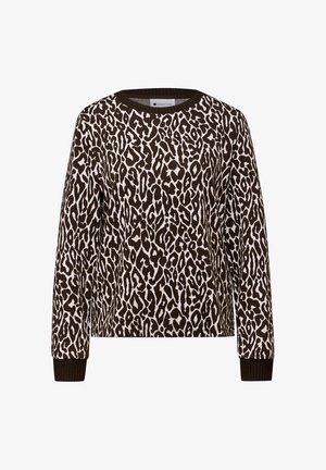 Trui met lange mouwen en ronde hals, met een donkerbruin en wit luipaardprintpatroon, geribbelde boorden aan de mouwen en halslijn.