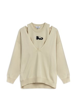 Sweatshirt beige avec un design superposé, doté d'un col en V profond et d'un logo noir contrastant. Manches longues et poignets en bord-côtes. Matière en mélange de coton.