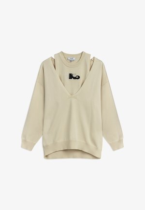 Beige Sweatshirt mit einem geschichteten Design, mit einem tiefen V-Ausschnitt und einem kontrastierenden schwarzen Logo. Lange Ärmel und gerippte Bündchen. Material aus Baumwollmischung.