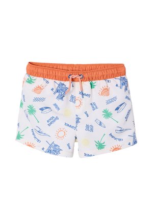 Weiße Badeshorts mit orangefarbenem Bund, verziert mit blauen, grünen und orangefarbenen strandbezogenen Motiven wie Palmen, Surfbrettern, Sonne und Rettungstürmen.