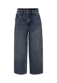 Pantaloni in denim blu scuro con vita alta, design a gamba larga, stile classico a cinque tasche e chiusura con bottone davanti.