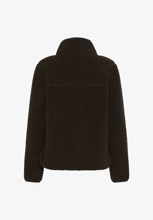 Veste en polaire marron foncé avec un col haut, texture douce et coupe droite. Comprend une poche arrière et un design minimaliste.