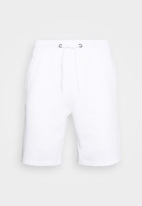 Pantalones cortos de algodón blancos con cinturilla elástica, cierre de cordón y bolsillos laterales. Textura suave y diseño a la altura de la rodilla.