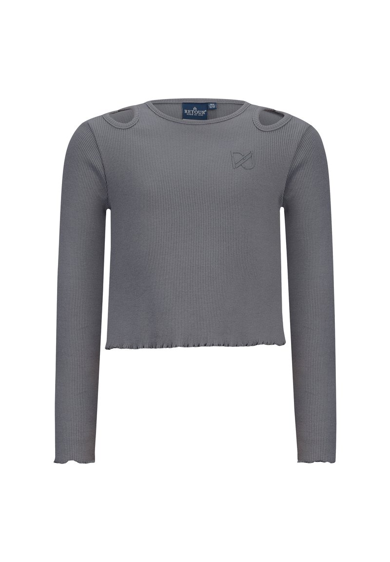 Top grigio a maniche lunghe cropped, realizzato in tessuto a coste, con dettagli di bottoni sulle spalle e orlo grezzo, arricchito da un logo discreto sul davanti.