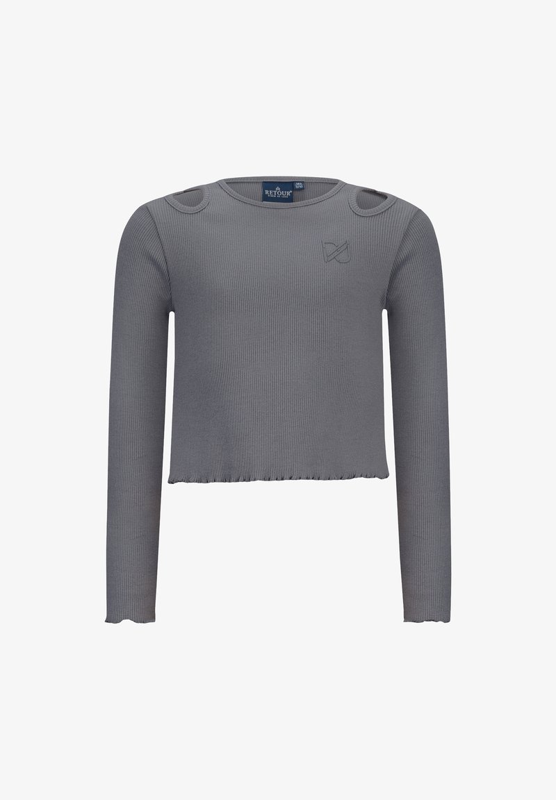 Grauer, kurz geschnittener Langarmtop aus gerippter Stoff, mit Schulterknopf-Details und rohem Saum, versehen mit einem dezenten Logo auf der Vorderseite.