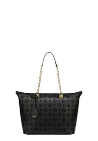 Borsa tote in ecopelle nera con motivo a logo impresso, dettagli in metallo dorato, tracolla a catena e chiusura con zip. Presenta un'etichetta rimovibile.