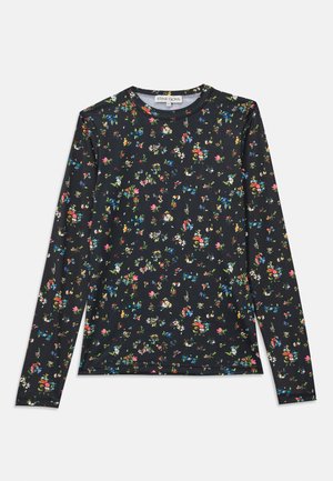 Long-sleeve black top featuring a floral pattern with various colors. Made of soft fabric, it has a crew neck and fitted design.