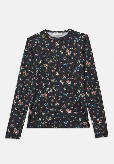 Bluză neagră cu mânecă lungă, decorată cu un model floral multicolor. Fabricată dintr-un material moale, are guler rotund și un design ajustat.