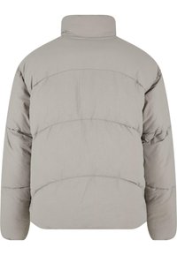 Chaqueta acolchada gris claro con un alto cuello, que presenta un diseño acolchado y una textura suave. Sin hardware visible ni patrones.