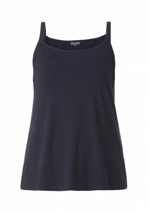 Marineblauw mouwloos dames tanktop met dunne schouderbandjes en een rechte halslijn.