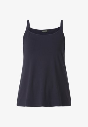 Marineblauw mouwloos dames tanktop met dunne schouderbandjes en een rechte halslijn.