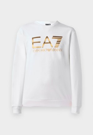 White sweatshirt made of cotton with long sleeves and a round neckline. Features a metallic gold logo "EA7 EMPORIO ARMANI" on the front.