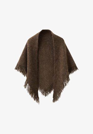 Șal maroniu, cu ciucuri, realizat dintr-un material moale și texturat. Are o formă triangulară cu margini căzute, ideal pentru stratificare versatilă.