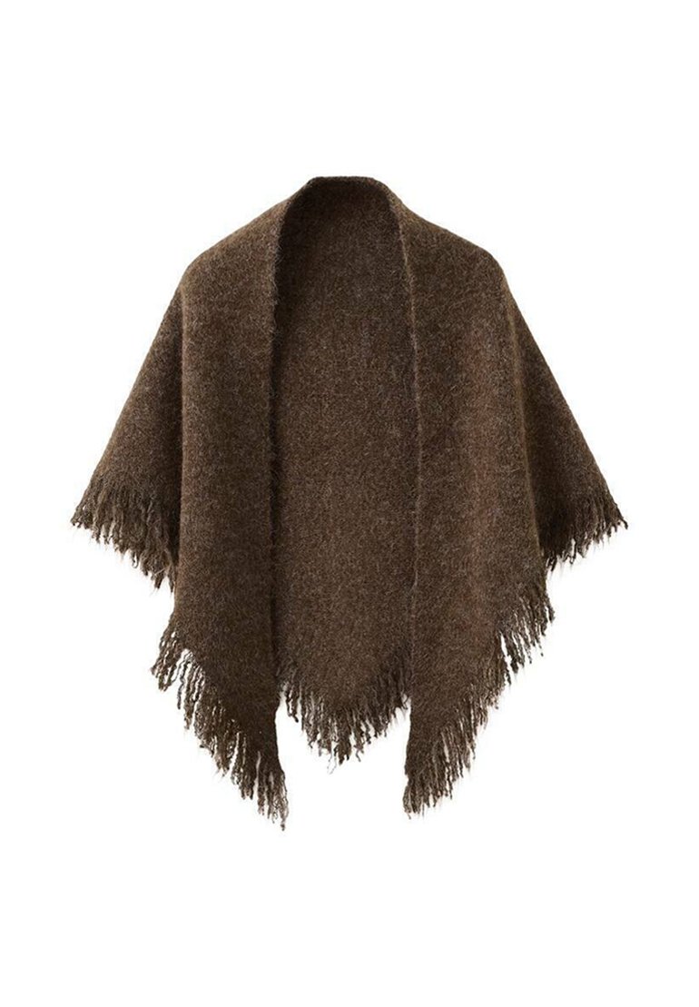 Sciarpa marrone con frange, realizzata in un materiale morbido e testurizzato. Presenta una forma triangolare con bordi drappeggiati per un abbinamento versatile.