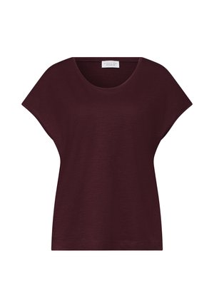Mørk bordeaux kortærmet skjorte med rund halsudskæring og afslappet pasform, vist på hvid baggrund.