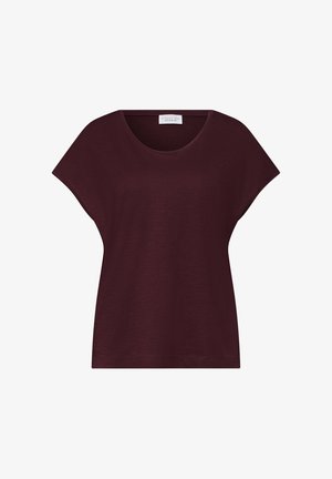 Dunkelburgunderfarbenes Kurzarmshirt mit rundem Ausschnitt und lockerer Passform, auf weißem Hintergrund präsentiert.