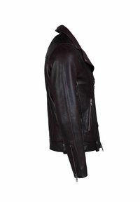 Nahast mootorratturite jakk tumepunas, millel on sälguga krae, tõmblukuga taskud ja küljetõmblukud, mis lisavad stiili ja funktsionaalsust.