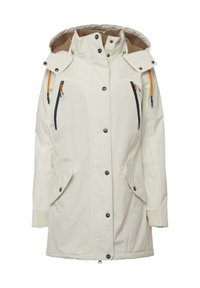 Vaaleanbeige vedenpitävä takki hupulla, vetoketjulliset taskut ja nappikiinnitys. Varustettu ribba-sukkiin ja kontrastivärisillä oransseilla yksityiskohdilla.