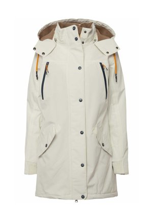 Giacca impermeabile beige chiaro con cappuccio, tasche con zip e chiusura a bottoni. Presenta polsini a costine e dettagli arancioni a contrasto.