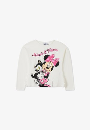 Dziecięca biała koszulka z długim rękawem z grafiką Minnie Mouse i Figaro, połączona z czarnymi spodniami dzwonami i kolorowymi trampkami.