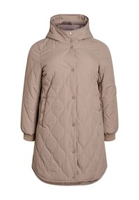 Beige-värinen toppatakki, jossa on huppu, tikattu kuviointi, nepparikiinnitys ja resorit hihansuissa. Pituus ulottuu reisien keskiosaan.