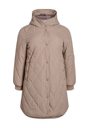 Podloženi bež plašč z kapuco, s prešitim vzorcem, zapiranjem na pritisne gumbe in rebrastimi manšetami. Dolžina sega do sredine stegen.