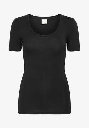 Mustam short-sleeve t-särk, millel on ümar lõige kaela ümber. Tehtud pehmest ja venivast kangast, omades keha järgi sobivat siluetti ja ilma nähtavate mustrite või aktsentideta.