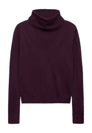 Suéter burdeos con un cuello alto y doblado y escote en forma de V. Mangas largas y un dobladillo corto. Tejido suave y texturizado.