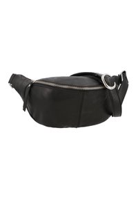 Černý kožený ledvinka s oblým tvarem, stříbrným zipem a nastavovacími popruhy. Disponuje hladkým povrchem a minimalistickým designem.