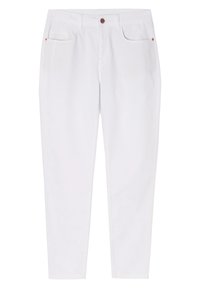 Vita bomullbyxor med rak bendesign, utrustade med två framfickor och en brun knappdetalj vid midjan.