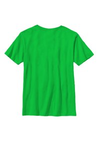 Camiseta verde de manga corta, material de algodón, cuello redondo estándar, color sólido, textura suave, sin gráficos ni patrones, vista trasera mostrada.