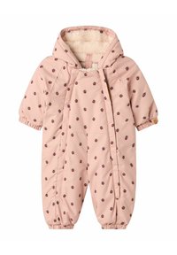 Roze gewatteerde sneeuwpak met lieveheersbeestje print, zachte fleece voering, capuchon, elastische manchetten en rits aan de voorkant. Geschikt voor koudere weersomstandigheden.