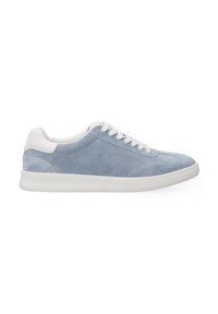 Light blue suede sneaker with white accents, rounded toe, and flat rubber sole. Features lace closure and textured side panels.
