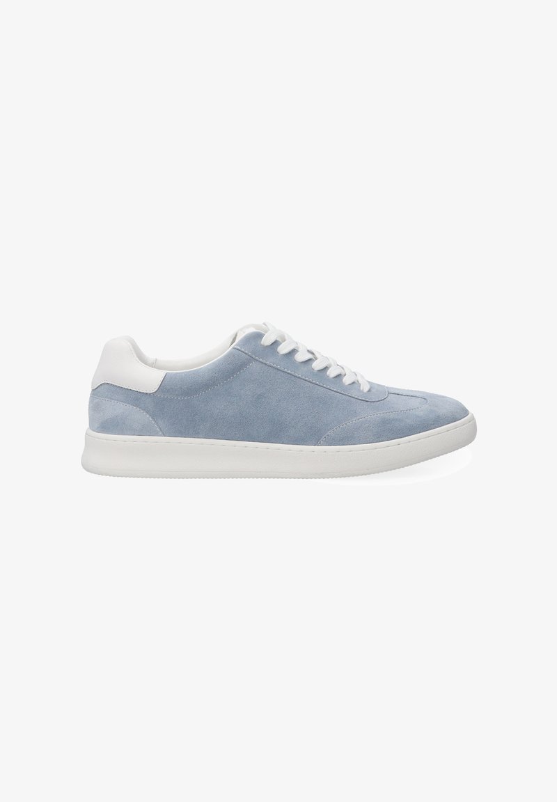 Light blue suede sneaker with white accents, rounded toe, and flat rubber sole. Features lace closure and textured side panels.