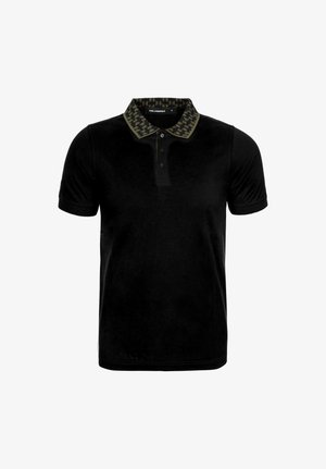 Černá polokošile z měkké látky s vzorovaným zeleno-černým límečkem, tříknoflíkovou légou a krátkými rukávy.