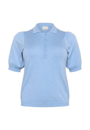 Light blue short-sleeve polo shirt with puffed sleeves, four buttons, and a classic collar, displayed on a white background.