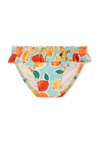 Pannolino da nuoto con base acquamarina, caratterizzato da colorati motivi di frutta in arancione, giallo e rosso. Vita elasticizzata a balze per una vestibilità regolabile.