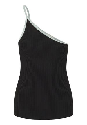 Czarny prążkowany top na ramiączkach z jednym paskiem. Posiada kontrastujące jasnoniebieskie wykończenie wzdłuż dekoltu i otworu na ramię. Wykonany z elastycznego materiału.