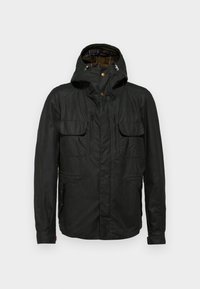 Black jacket featuring a zippered front, a hood, and two chest pockets. Textured fabric with a plaid lining inside.