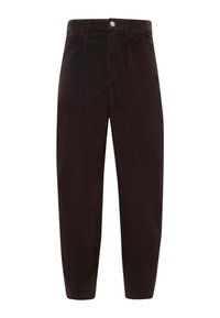 Pantaloni in velluto a coste marroni con vestibilità dritta, dotati di chiusura con bottone, tasche frontali e una trama a coste per un dettaglio extra.