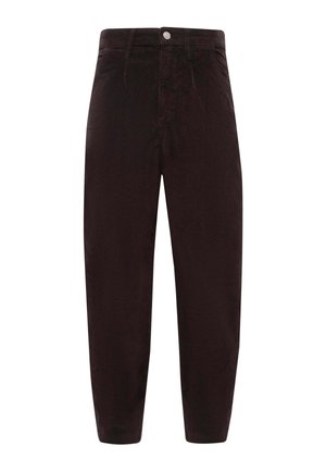Braune Cordhosen mit geradem Schnitt, ausgestattet mit einem Knopfverschluss, Vordertaschen und einer gerippten Textur für zusätzliche Details.