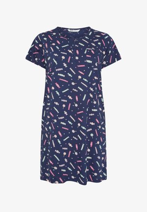 Nachthemd in Marineblau mit kurzen Ärmeln, Muster aus rosa, mintgrünen und beigen Bonbons und Lutschern, mit Knöpfen vorne und einer kleinen Brusttasche.