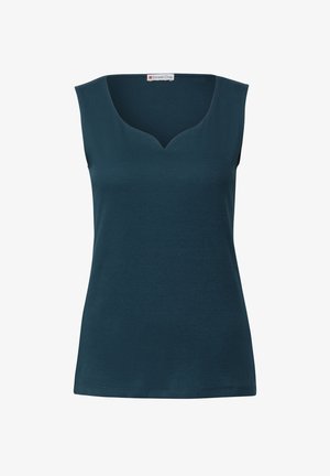 Dunkeltürkisfarbenes ärmelloses Top mit strukturiertem Rippdesign und V-Ausschnitt. Glatte Oberfläche ohne Muster oder Akzente. Standardpassform.