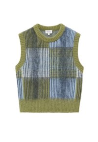 Gilet sans manches en tricot à motif écossais vert, bleu et gris avec encolure, emmanchures et ourlet côtelés.